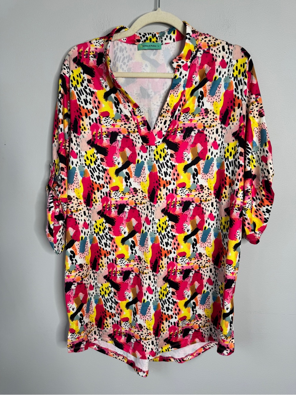 V-Neck Abstract Print Tunic in Pink Multi by
